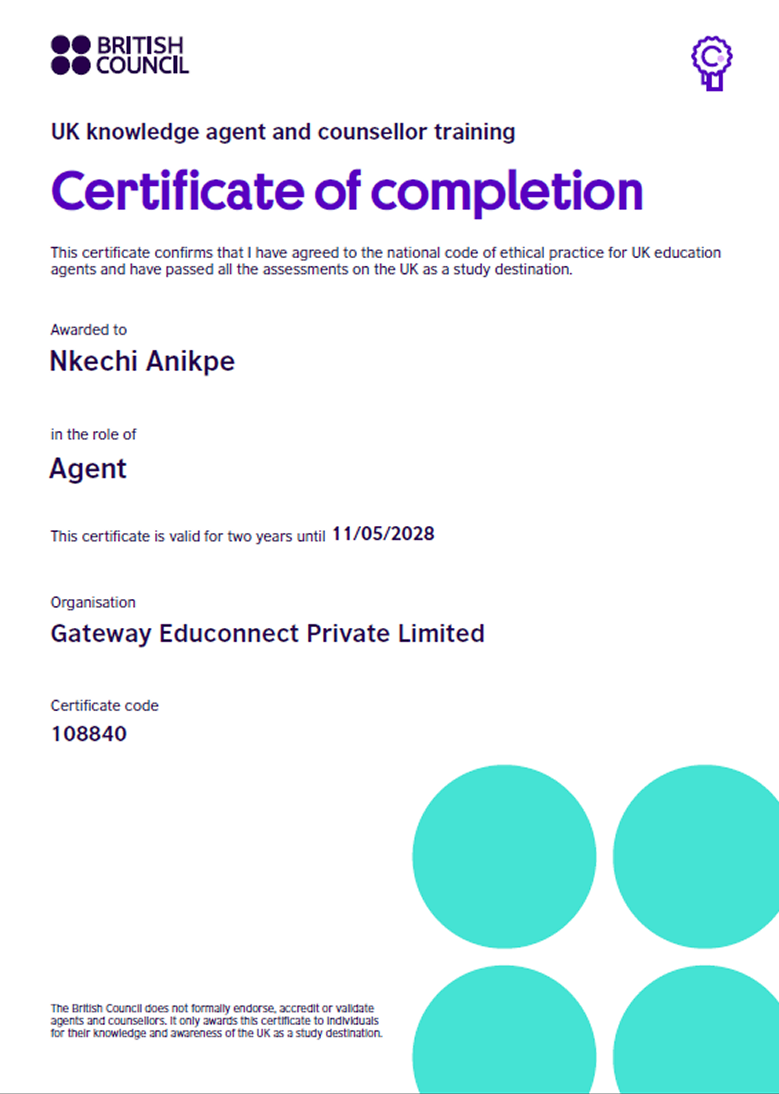 Certificate of Completion — British Council