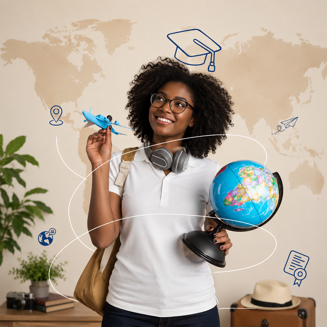 Study abroad student with globe